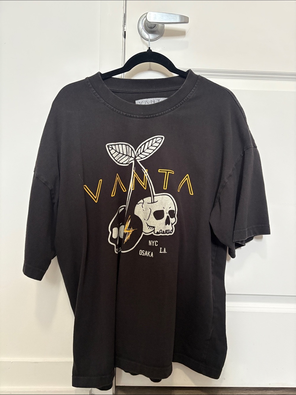 Black Graphic Tee with Skull & Plant
